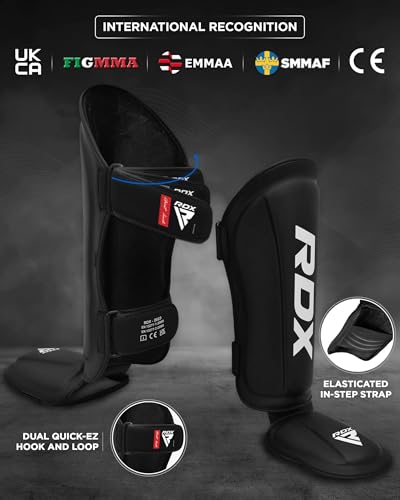 RDX Shin Guards Kickboxing Muay Thai, SATRA SMMAF Approved, Premium Maya Hide Leather, Leg Instep Protection Pads, MMA Martial Arts Kicking Sparring Training Gear, BJJ Karate Boxing Taekwondo, Black - color: Black, size: Medium