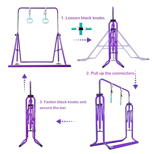 Folding Gymnastics Bar with Rings, Foldable Kip Bar with Sturdier Base, Training Bar for Kids Ages 3-10, Horizontal Bar, Home Gym Equipment for Boy Girl - color: Violet, style: Foldable Bar