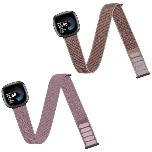 Nylon Sport Ankle/Arm Band Compatible with Fitbit Versa 4/Fitbit Versa 3 /Fitbit Sense 2/Fitbit Sense Bands,Elastic Nylon Braided Arm Strap Replacement Ankle band for Women Men - color: Smokey Purple/Flesh Pink
