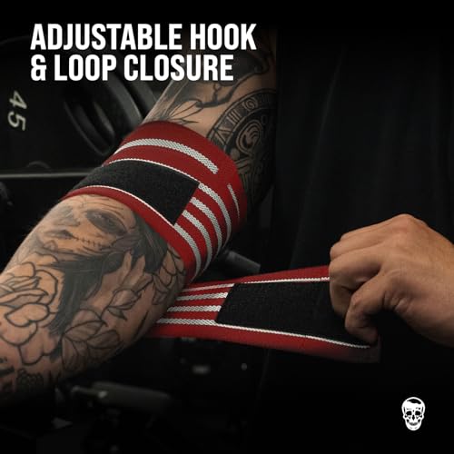 Gymreapers Weightlifting Elbow Wraps (1 Pair) - Flexible 40'' Elbow Compression Strap & Joint Support Brace - for Bench Press, Powerlifting, and Pressing - color: Red/White