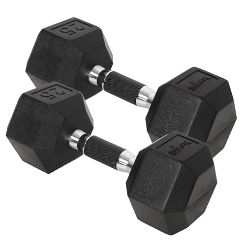 Yes4All Chrome/Rubber Grip Encased Hex Dumbbells – Hand Weights With Anti-Slip 10-30 LBS Pair - color: E. 25lbs - Pair, style: Rubber Grip