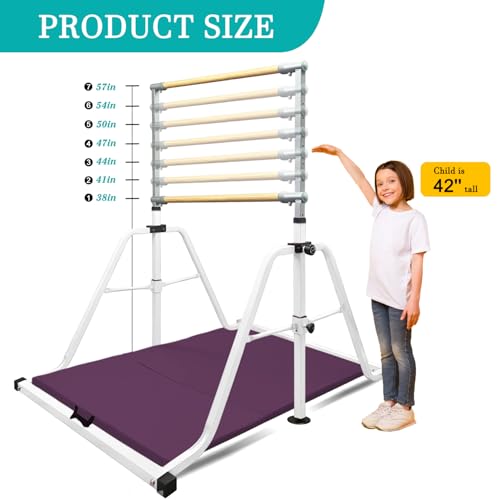 Foldable & Moveable Gymnastics Horizontal Bar with Rings,3’to 5’Adjustable Height Expandable Junior Kip Bar for Home,Indoor Gym Equipment for Kids - style: White with MAT