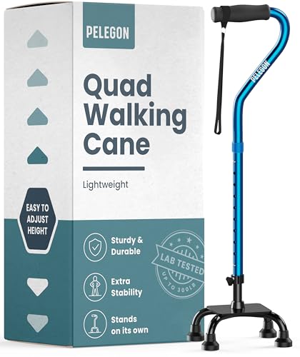PELEGON Quad Cane (300 lb) - Adjustable Walking Cane with A Large 4 Pronged Base for Extra Balance & Stability, Walking Canes for Seniors, Walking Cane for Men & Women, Walking Sticks - color: Blue
