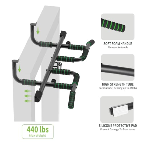 KAKICLAY New Upgrade Pull Up Bar for Doorway with Ergonomic Grip - Upto 440 Lbs Capacity, No Screwing or Slipping - USA Original Patent, Designed, Shipped, Warranty