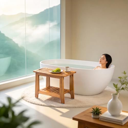 24" Large Teak Shower Bench with Shelf & Handle - Waterproof Spa Stool, Non-Slip Leveling Feet & 300 lbs Capacity - for Showers, Saunas/Steam Rooms & Outdoor Pools (Patented) - size: 24"W x 13" Dx 18"H