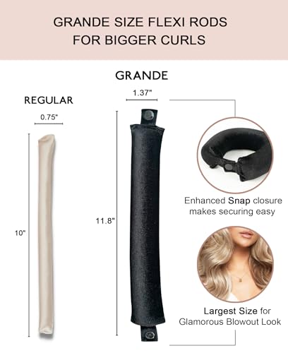 Grande Heatless Curls Overnight Rods - Upgraded Directional Grip Velvet - No Heat Hair Curlers to Sleep, Jumbo Large Hair Rollers Flexible Curling Rods Set for Long Thicker Coarser Hair Blowout Look - color: Black