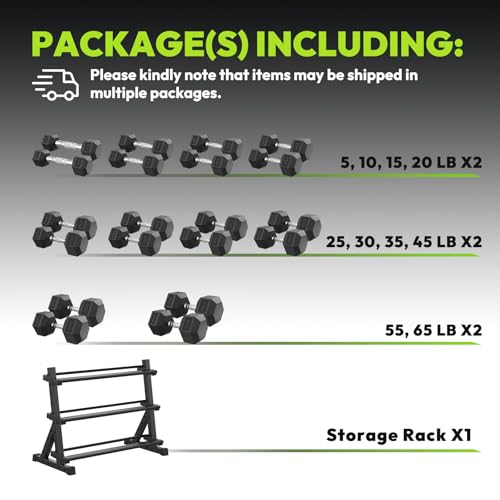 HANDBODE Rubber Coated Hex Dumbbell Set with Rack, 300-840 lb | Fixed Weights Sets with Heavy Duty Storage Stand, Multiple Weight Options Home Gym Equipment for Strength Training - style: 610 lb Set (5-65 lb) with Rack