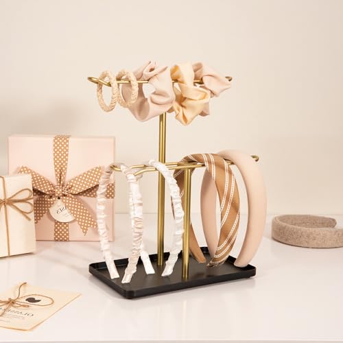 Headband Holder Organizer, 2-Tier T-bar Storage Stand with Tray for Hair Accessories Hairband Hair Clip, for Girls Women, Gold & Black - color: Black-gold