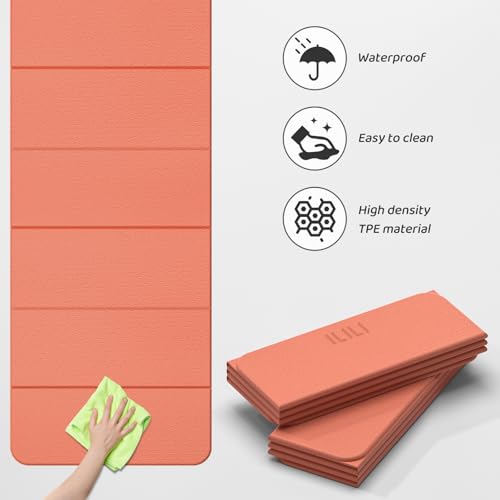 ILILI Foldable Yoga Mat 71 * 24 * 0.3 Inch | Lightweight TPE Non Slip Exercise Mat, Waterproof Portable Fitness Mat for Home Gym, Pilates, Stretching & Daily Workouts - color: Orange
