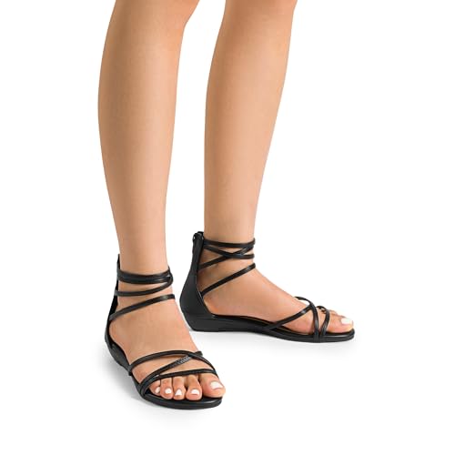 DREAM PAIRS Women's Ankle Strap Flat Sandals Summer Dressy Strappy Gladiator Rhinestones Sandals - color: Black/Pu, size: 7