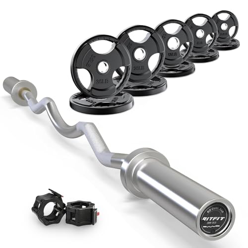 RitFit 2 Inch EZ Curl Bar with Weights, 350LBS Capacity Olympic Barbell for Bicep & Triceps, Home Gym Strength Training - style: Silver(with 155LB Weights and Collar)