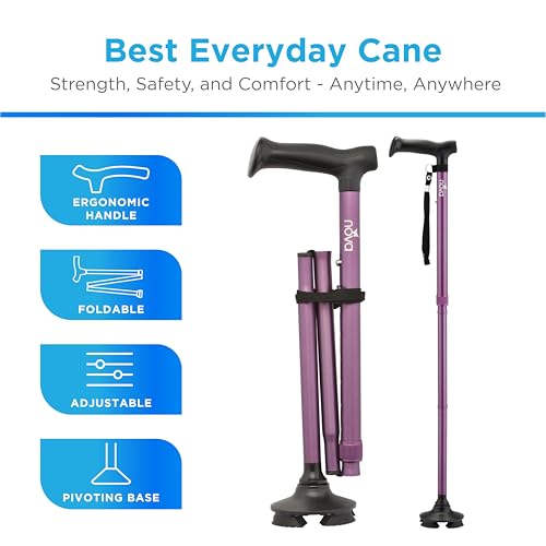 NOVA Foldable Quad Cane for Seniors, Self Standing Adjustable Walking Cane with Pivoting Quad Tip, Lightweight Collapsible Mobility Aid, Bonus Carry Pouch & Replacement Tips, Purple - color: Purple