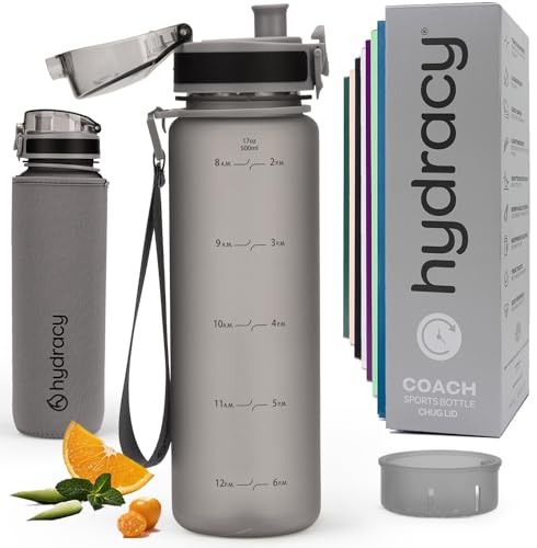 Hydracy Motivational Water Bottle with Time Marker & Fruit Infuser 17 oz | BPA-Free Tritan, Leakproof Flip-Top Lid,No-Sweat Sleeve,Carry Strap,Daily Intake Tracking for Gym,Sports,Outdoors - color: Silver Grey, size: 17 Ounces