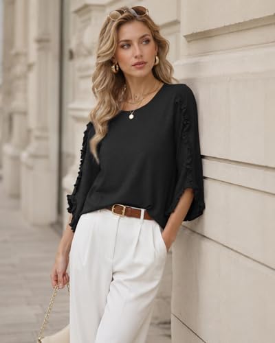 3/4 Length Sleeve Womens Tops Crewneck Ruffle Sleeve Shirts Dressy Casual Blouse Summer Fall Fashion Business Outfit - color: Black, size: Small