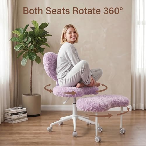 Cross Legged Office Chair with Wheels, 360 Swivel Height-Adjustable Meditation Chair with Lumbar Support, Artificial Rabbit Hair Fabric, Violet - color: Violet, size: Heart Back