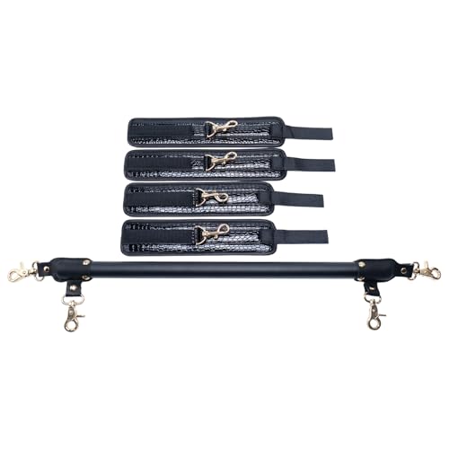 Wooden PU Spreader Bar with 4pcs PU Adjustable Straps,Workout Bar for Home Gym Training Bar,Portable Detachable Pilates Kit - style: Black+Crocodile Black Kit