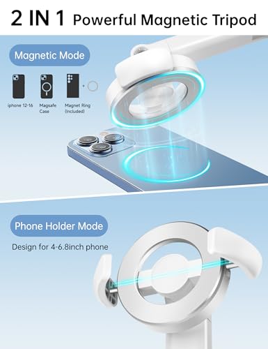 70" Magnetic Tripod for iPhone Magsafe, Extendable Selfie Stick Tripod with Rechargeable Remote & Magnetic Holder, 360° Rotatable Cell Phone Tripods Stand for Video Recording & Content Creation - color: White, size: 70 inch