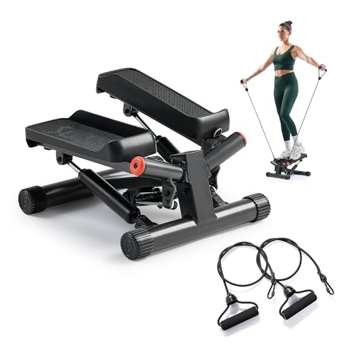 Sunny Health & Fitness Twist Steppers with Resistance Bands, Compact Mini Stair Step Machines for Low-Impact Home Cardio Workouts - color: Black Matte