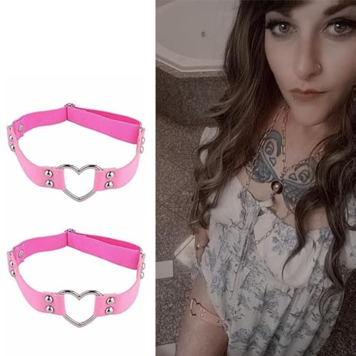 2PCS Leather Heart Garter - Adjustable Leg Ring for Cosplay, Spike Party - color: Pink