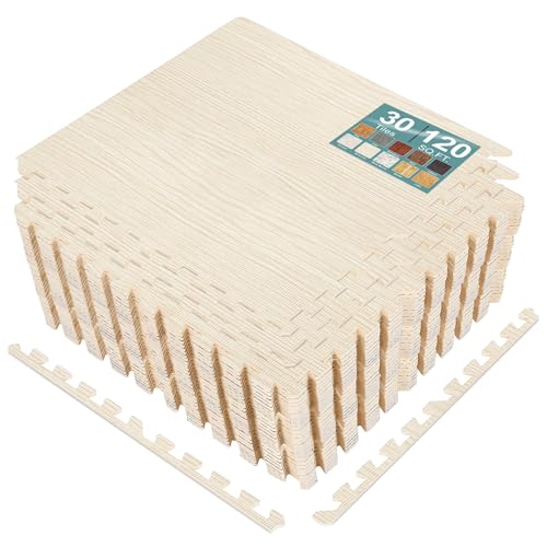 Sorbus 120 Sq. Ft. Wood Grain Floor Tiles Foam Mat EVA Interlocking Mats Tile 3/8-Inch Thick Flooring Wood Puzzle Exercise Mats w/Borders - Home Playroom Basement, Apartment, Trade Show, Baby, Dance - color: Light Pine, size: 30 Pack