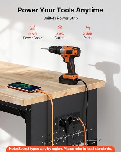 VEVOR 60-inch Adjustable Workbench, 1500 lbs Load Capacity, Garage Workbench with Drawer, Power Outlet, Wheels, and Pegboard, Heavy Duty Oak Wood Top Work Table for Garage, Workshop, Office, and Home - size: Drawer│Universal Wheels│60"x24"x41.7"