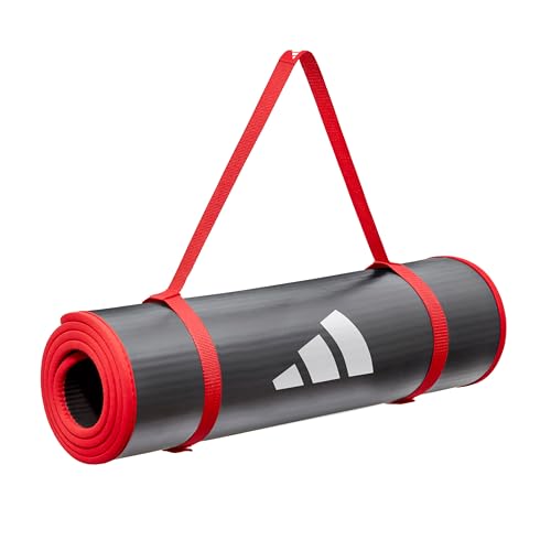 adidas 10mm Extra Thick Training Mat with Carrying Strap and Non-Slip Textured Base - Cushioned Workout Mat for Home Gym, Floor Workouts, and Intense Exercises - Portable and Durable - color: Red