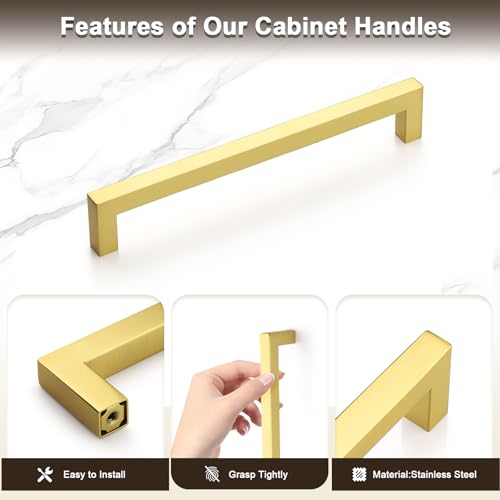 Probrico 5 Pack Square Gold Kitchen Cabinet Pulls 7.5 Inch Stainless Steel Brushed Brass Cabinet Handles Square Corner Bar Polished Gold Dresser Drawer Pull Handles Total Length 8Inch - color: Gold, size: Hole Center: 192mm(7.5inch)