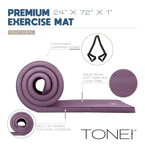 Tone Fitness 1-Inch Thick Yoga Mat | High-Density, Non-slip Exercise Mat with Carrying Strap for Yoga, Pilates, & Home Gym Workouts | Multiple Options - color: Purple, style: Diamond