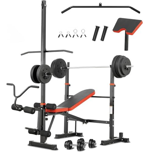 Foldable 1500LBS 8 IN 1 Olympic Weight Bench Set with Squat Rack, Leg Extension/Curl & Preacher Curl, Adjustable Bench Press Set with Safety Bar Catches for Home Gym Full Body Workout - color: ruby red