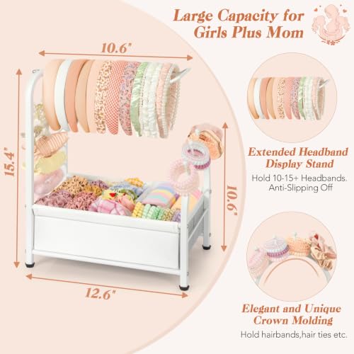 Keebofly Headband Holder Stand, Versatile Hair Accessories Organizer for Scrunchies, Hair Ties, Bows & Claw Clips - Large Compact Hair Accessories Storage for Girls, Women, Babies - color: White