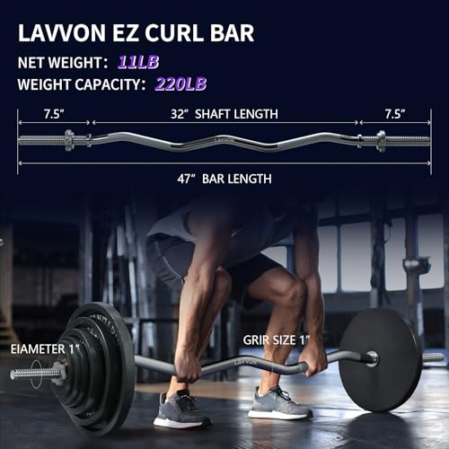 47" EZ Curl Bar Weight Lifting Bar, 1-inch Curling Bars for Weight lifting | Barbell bar for Hip Thrusts/Squats/Lunges for Gym and Home, With 2 Star Double Risk Star-nuts (220lb Weight Capacity) - color: Silver