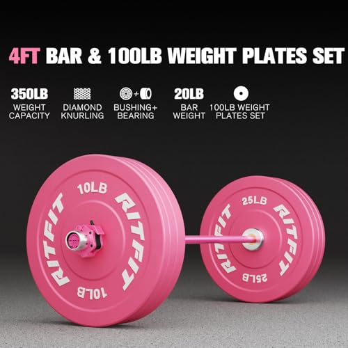 RitFit Barbell Weight Set - 4/6FT Olympic Barbell with Weight Plates (55-115LB Total) - Weightlifting Equipment for Squats, Curls, Deadlifts, Presses, Hip Thrusts - color: Pink, size: 4FT Bar with 100LB Plates (120LB Total)