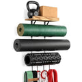 Yoga Mat Holder Wall Mount, Yoga Mat Organizer Storage Home Gym Accessories with Wood Floating Shelves for Storing Fitness, Yoga Mat Rack with 4 Hooks for Hanging Foam Roller and Resistance Bands