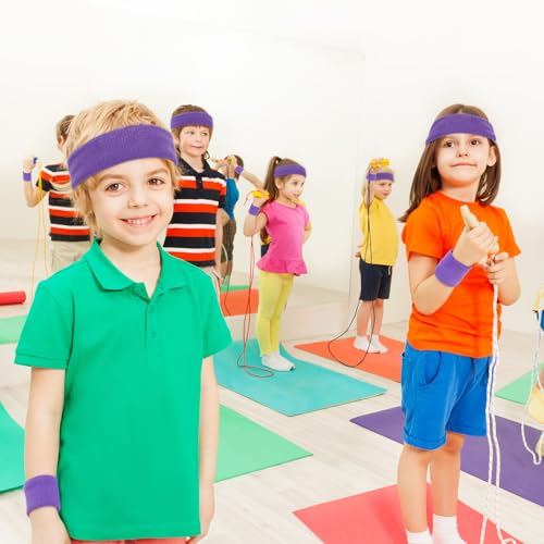 Bememo 36 Pcs Neon Sweatbands Set Soccer Party Favors Cotton Headbands Wristband Sweat Bands Soccer Mom Essentials for Football Fans Sporting Events 80 90s Glow Party - color: Purple, size: Small
