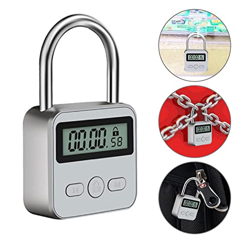 Metal Timer Lock, LCD Display Multi-Function Electronic Timer Lock, 99 Hours Max Timing, USB Rechargeable Timer Padlock (Silver)