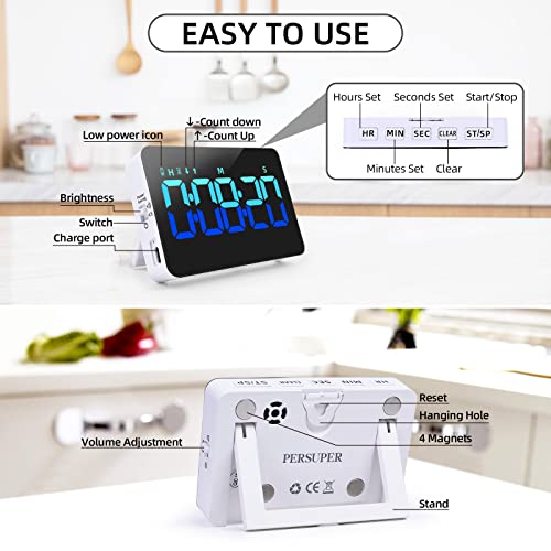 PERSUPER Kitchen Digital Timer, Count Down Up, Rechargeable, Vibration Mode Adjustable Volume and Brightness LED Display, Time Management Cook, Desk, Kids Adults Study Teaching, Kitchen Gadgets Blue - color: Blue