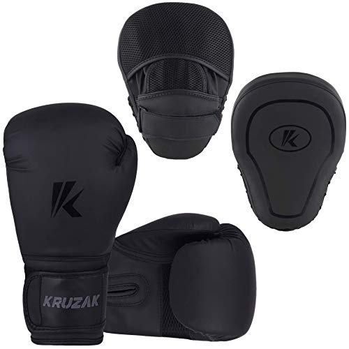Kruzak Matte Black Boxing Gloves and Pads, Boxing Gloves Training Set for Kickboxing and Muay Thai MMA Training - Boxing Kit for Adults with Punching Pads for Martial Arts and Karate - size: 16 oz