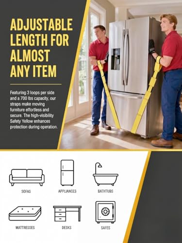 TruePower Furniture Moving Straps, 2-Person Lifting and Moving System, Appliances, and Heavy Objects Carrying Straps, 700 lbs Capacity, Safety Yellow