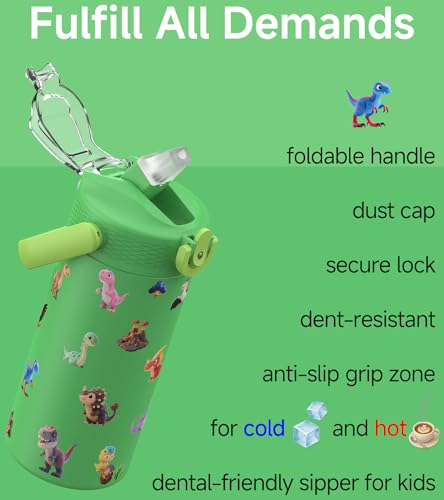 MYFOREST 14oz/400ml Insulated Kids Water Bottle, Odor-free Liner, 3D Touch | No Plastic Taste, Surgical Steel - No Chemical Leaching, Name Spot, Soft Sipper, Gift for Dino Fan, DinoCraft: Chibi - color: DinoCraft: Chibi