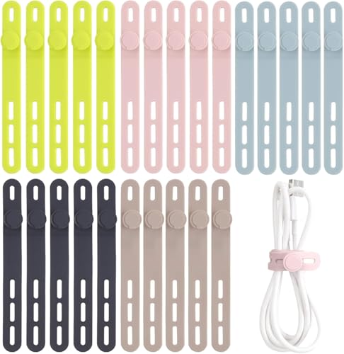 Oligei 25 Pcs Silicone Cable Ties, Cable Ties Reusable, High Elasticity Cord Wraps for Electrical Cords, Cord Organizer for Earphone, Phone Charger(Colorful) - color: 25p∣colorful