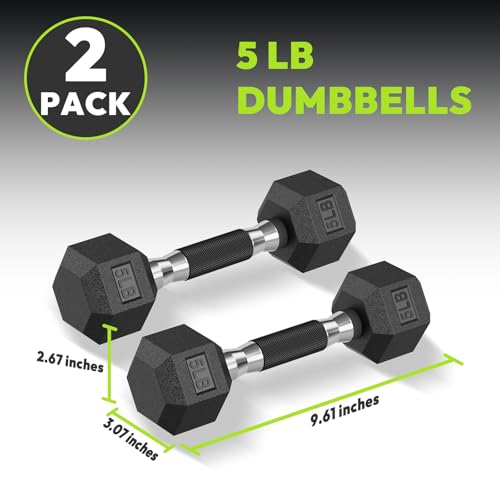 HANDBODE Rubber Encased Hex Dumbbell Pair, 2.5-65 lb | Non-Slip Handle Design for Secure & Comfortable Grip, Hand Weights for Strength Training, Fitness & Home Gym - size: 5 lb, Pair, style: Comfort Grip