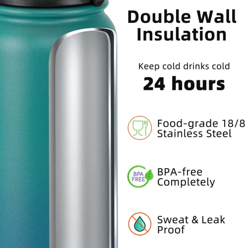 Fanhaw 32 oz Insulated Stainless Steel Water Bottle with Anti-Dust Chug Lid, Leakproof Vacuum Sports Bottle for Kids, Teens & Adults, Back to School Essentials (Green Blue) - color: Green Blue, style: 32 Ounces