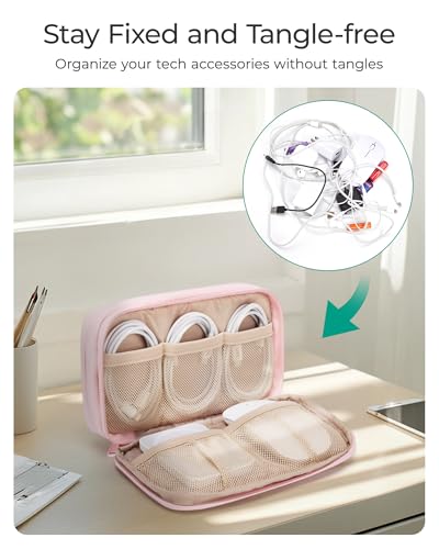 BAGSMART Electronics Organizer Travel Case, Cord Storage for Chargers Cables Phones, Compact Tech Accessories Pouch, Pink - color: Pink, size: 8.3"L x 5.3"W x 2.3"H
