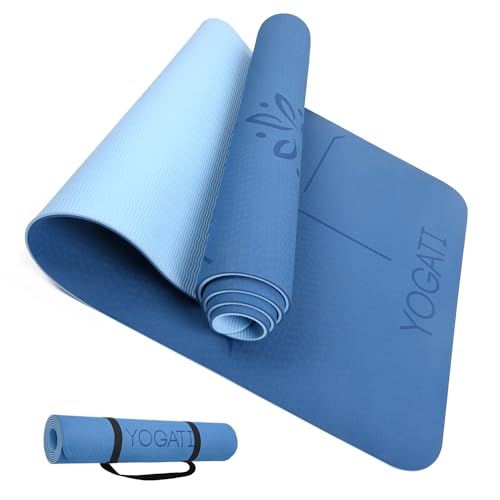 YOGATI® Yoga Mat with Strap with Alignment Lines. Home Workout Mat for Women, Men and Kids. Thick Non Slip Yoga Mat for Pilates and Fitness. Brown, Pink and Purple Yoga Mats - color: Blue