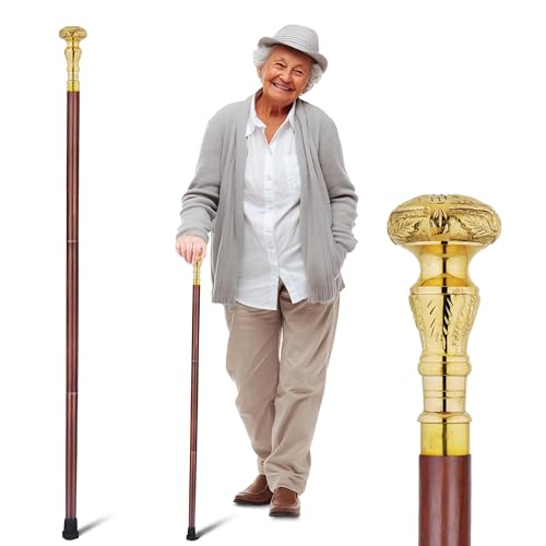 Ajuny Brass Handle Wooden Walking Stick for Men and Women - 36 inch | Antique Style Vintage Handmade Cane with Solid Brass Grip, Decorative Gift for Seniors, Gentlemen & Collectors