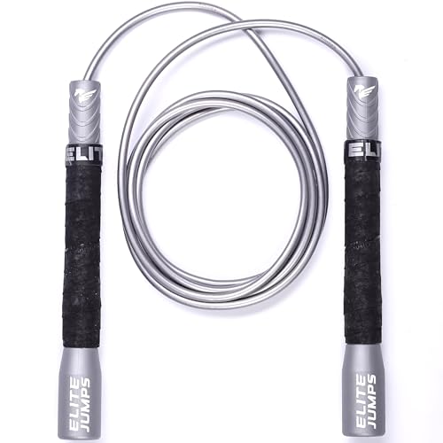Elite Jumps Fit Plus Pro Freestyle PVC, 4mm Cord Skipping Rope, Cardio, Adjustable 10ft Length with 8" Reinforced Handles, Non-Slip Grip for Gym Workout, School Sport, Beginner Use - color: Silver/White