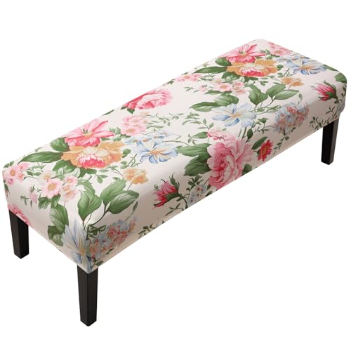 Fuloon Stretch Bench Cover, Anti-Dust Removable Dining Bench Slipcover Washable Seat Cushion Protector for Bedroom, Kitchen, Hotel, Banquet, Peony Flower - color: Flower Peony
