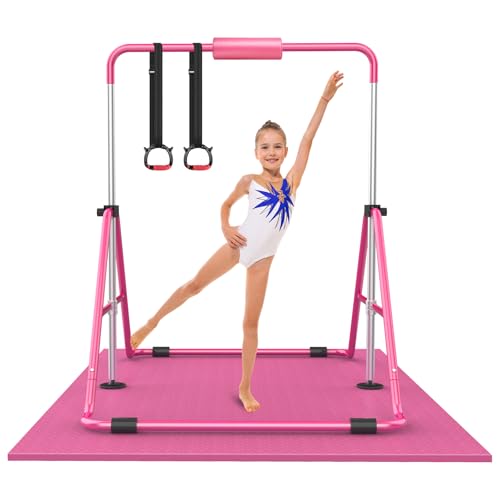 RINREA Gymnastic Bars for Kids, Adjustable Height Horizontal Bar for Home | 5-Height 35"-51", Foldable & Space-saving, Indoor Outdoor Training Kip Bar, with Gymnastics Rings & Gymnastics Pad - color: Pink with Mat