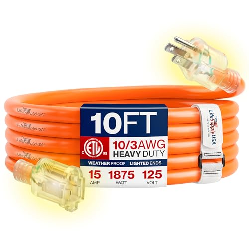 10ft Outdoor/Indoor Extension Cord 10/3 Gauge Ultra Heavy Duty 3 Prong SJTW, Waterproof, ETL Listed, Flexible Cold-Resistant Long Power Cord,15A 125V 1875W, Orange by LifeSupplyUSA - color: Orange, size: 10 FT, style: 10 Gauge (ULTRA HEAVY DUTY)