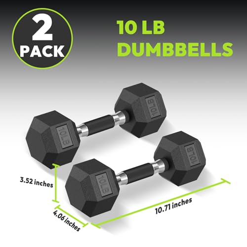 HANDBODE Rubber Encased Hex Dumbbell Pair, 2.5-65 lb | Non-Slip Handle Design for Secure & Comfortable Grip, Hand Weights for Strength Training, Fitness & Home Gym - size: 10 lb, Pair, style: Comfort Grip